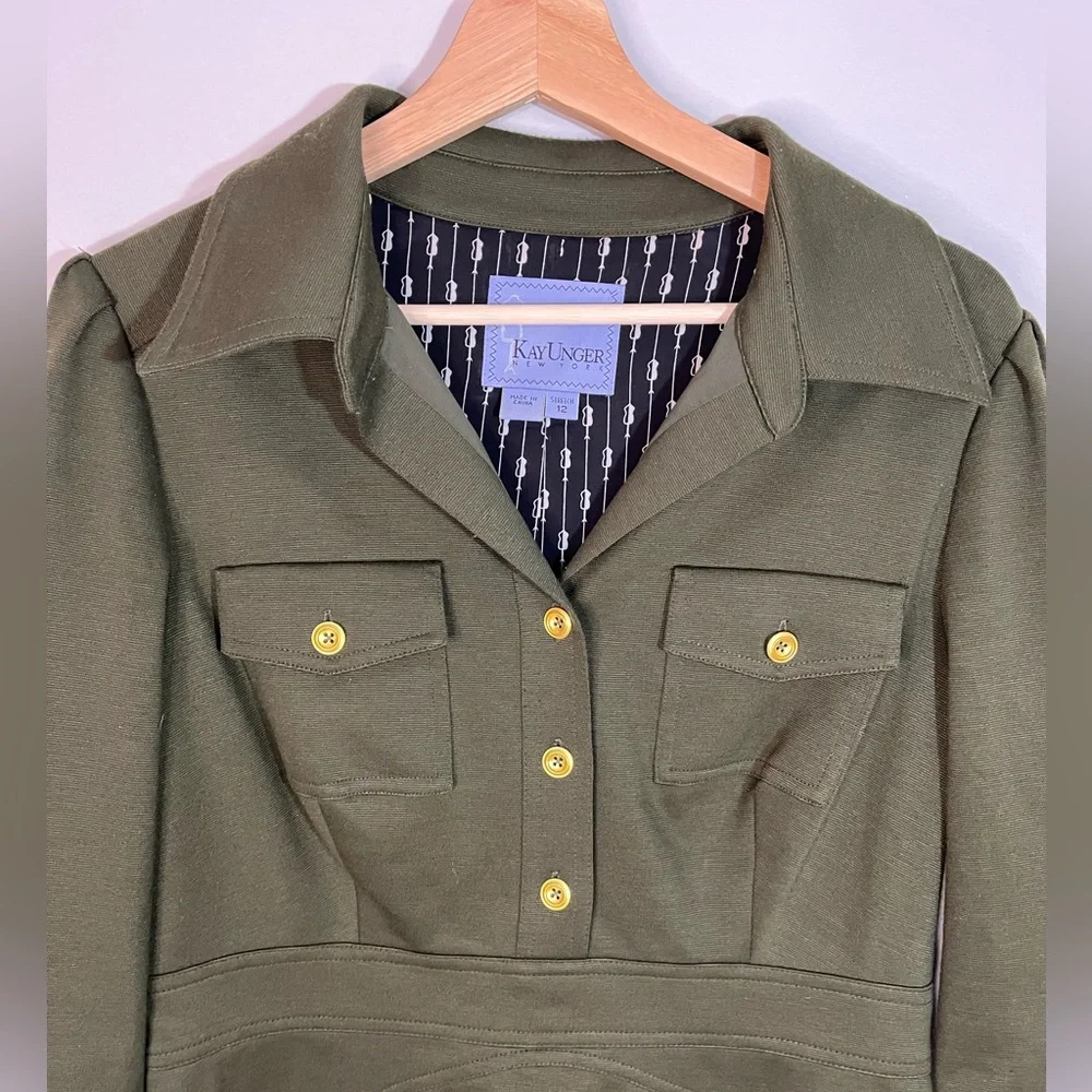 Kay Unger Olive Green Dress Women’s 12 Military Inspired, Office semi-Fitted